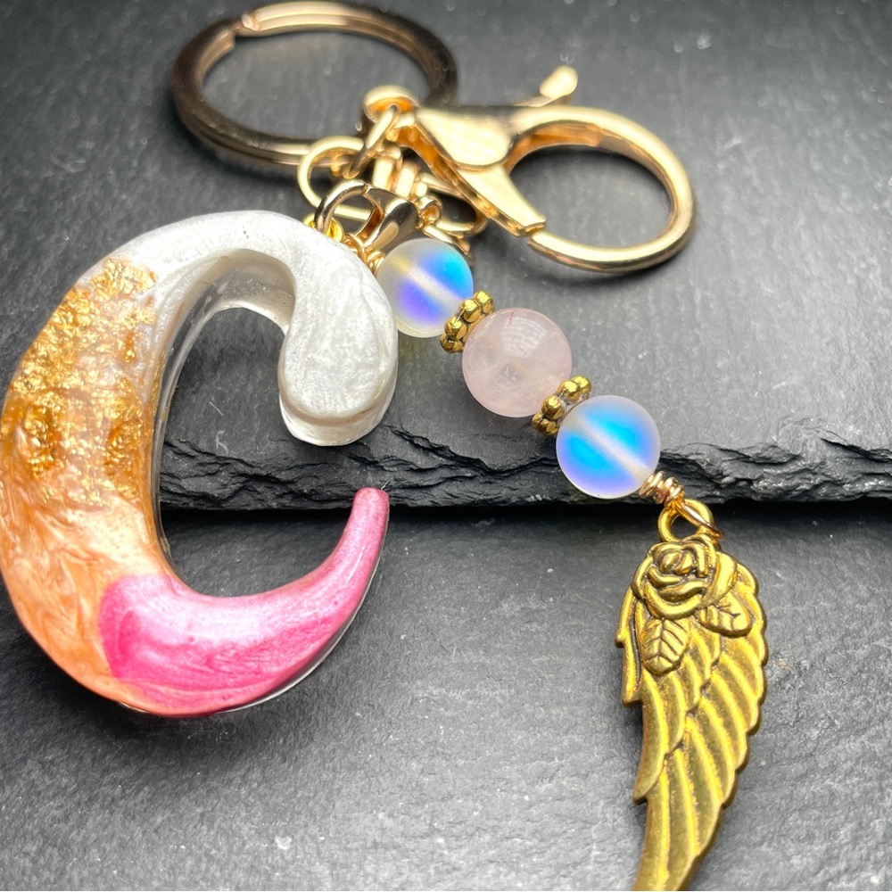 Custom Orange and Pink Letter “C”Keychain with Rose Quartz and Gold Wing Charm - Picture 7 of 9